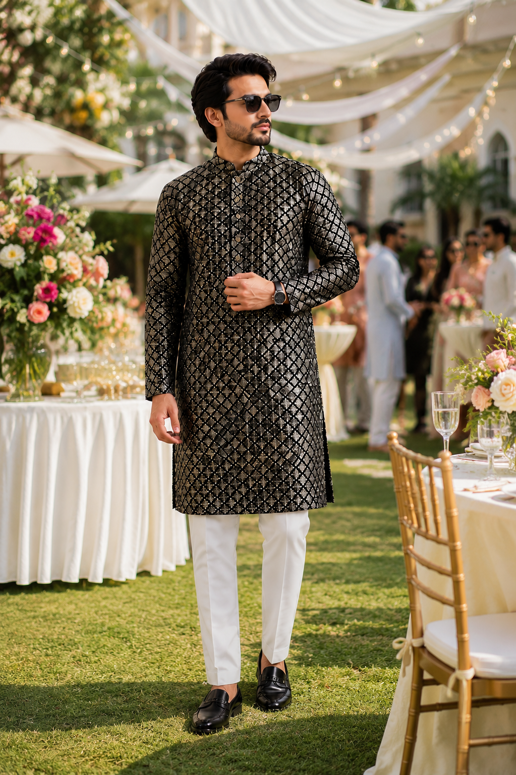 ShreeVastram Black & Gold Diamond Pattern Kurta Set